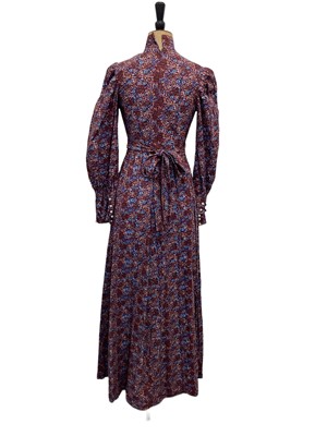 Lot 2099 - 1970's Dolly Rocker floral maxi dress, Grace Elliott floral maxi with stand up collar, black Mod dress with top stitching and waist detail. Plus a tartan skirt by Elisie Whiteley.