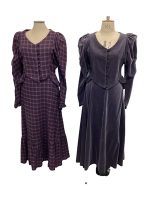 Lot 2101 - 1980's Caroline Harris designer skirt suits. Three in cotton tartan and two in velvet, all similar style with leg of mutton sleeves, peplum jackets and long skirts.
