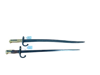 Lot 851 - French 1866 pattern Chassepot bayonet together with a French 1874 pattern Gras bayonet, both lacking scabbards (2).