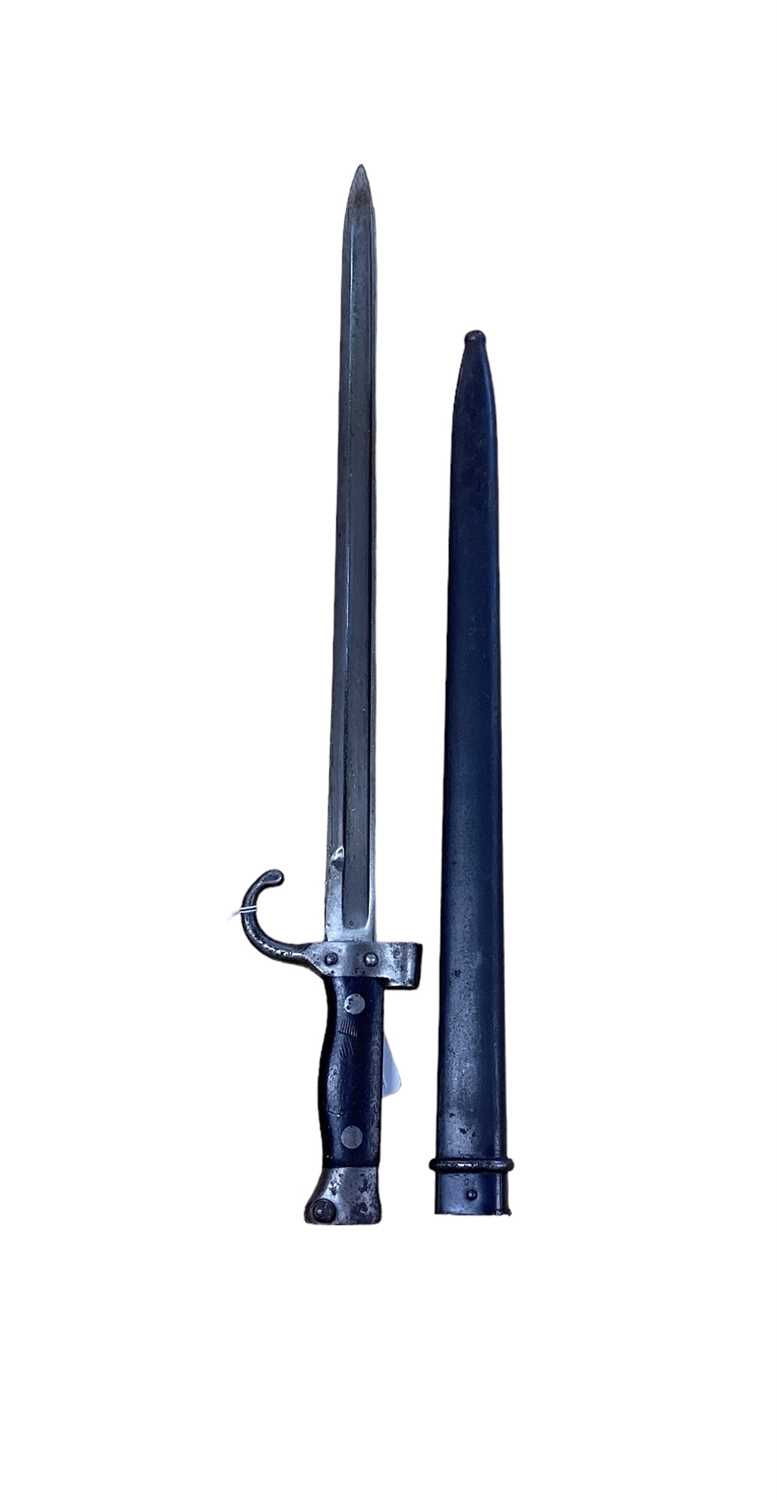 Lot 855 - French 1892 pattern Berthier bayonet in scabbard, dated 1893.