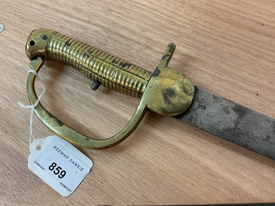 Lot 859 - Scarce 1801 Pattern Baker rifle bayonet with ribbed brass stirrup hilt, straight blade with clipped spear point.