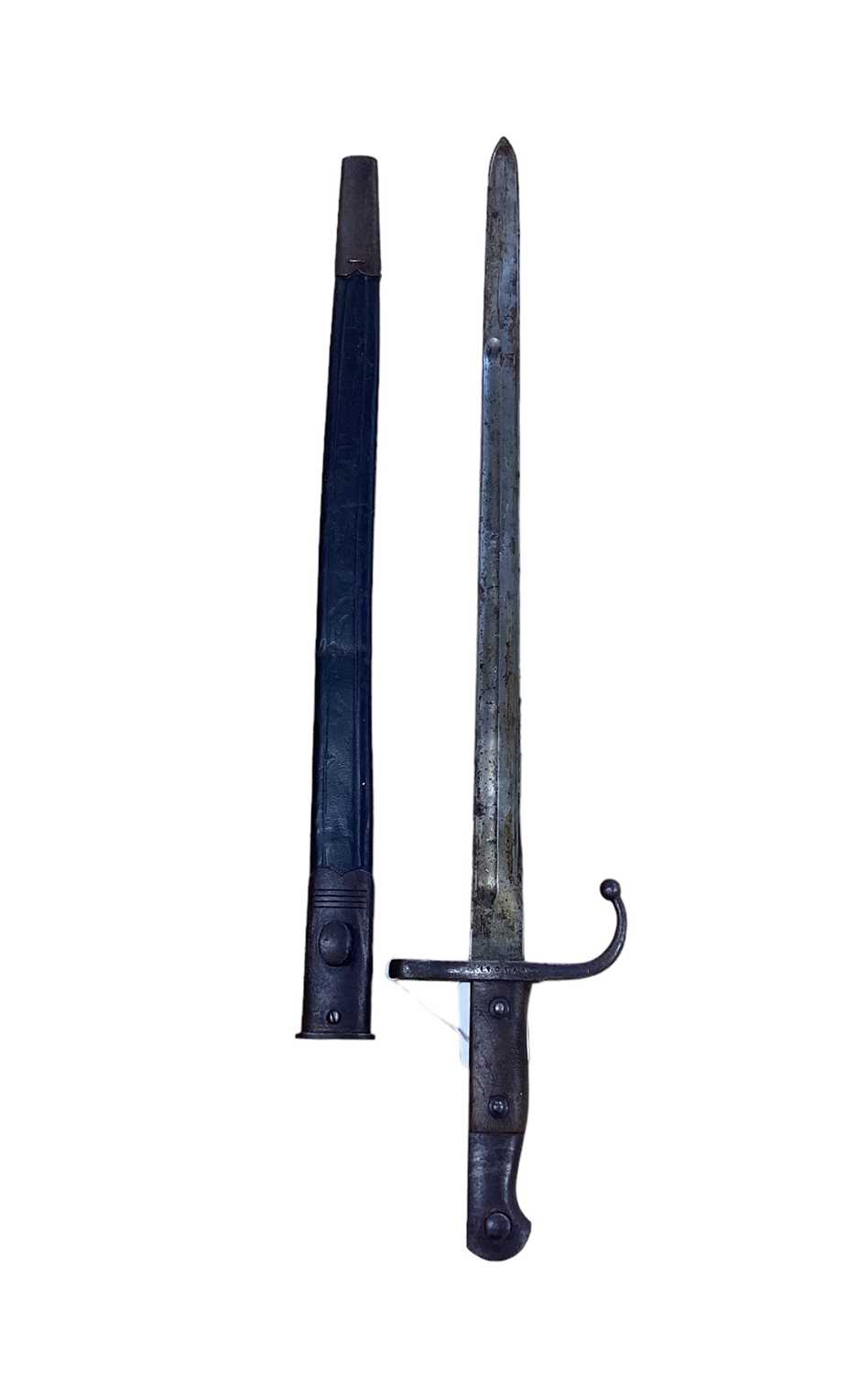 Lot 860 - Turkish 1890 Pattern Mauser bayonet with twin wooden grips, in steel mounted leather scabbard.