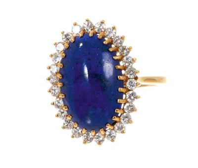 Lot 462 - Lapis lazuli and diamond cluster dress ring with an oval lapis lazuli surrounded by a border of brilliant cut diamonds in 18ct gold setting