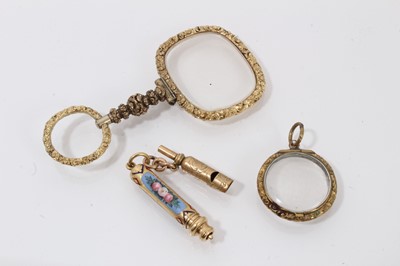 Lot 451 - Group to include a Regency magnifying glass, Victorian gold and enamel propelling pencil, Victorian gold novelty whistle/watch key and a Victorian locket