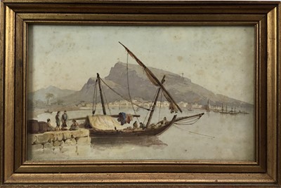 Lot 171 - Continental School, early 19th century, pair watercolours of harbour scenes with boats, inscribed verso Claude Lemercier 1820, 15cm x 25cm, in gilt glazed frames