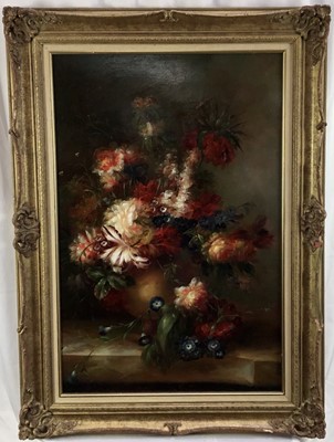 Lot 172 - Dutch style oil on panel - still life summer flowers in a vase, 74cm x 49cm, in gilt frame