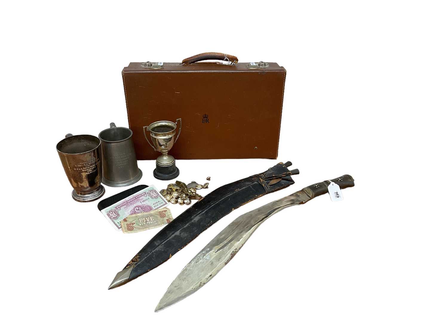 Lot 686 - Group of militaria including Gurkha Kukri shooting trophies, in an Elizabeth II Government / Civil Service attaché case