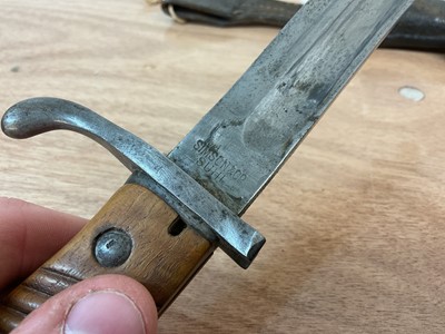 Lot 867 - First World War Imperial German K98/05 ‘Butcher’ bayonet with wooden grips and steel blade stamped Stimson & Co Shul., in steel mounted leather scabbard with leather frog.