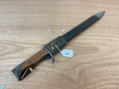 Lot 867 - First World War Imperial German K98/05 ‘Butcher’ bayonet with wooden grips and steel blade stamped Stimson & Co Shul., in steel mounted leather scabbard with leather frog.