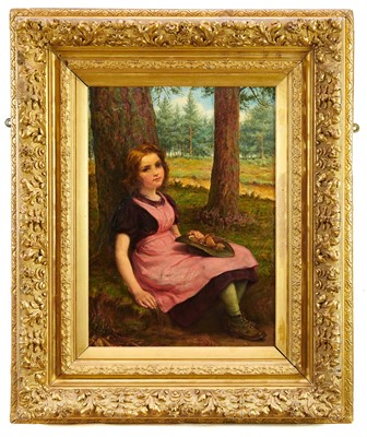 Lot 1310 - English School, 19th century, oil on board - 'Collecting Pine Cones', 52cm x 37cm, in ornate gilt frame