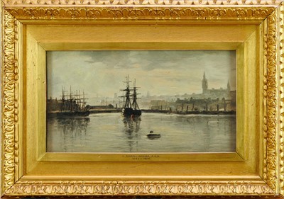 Lot 1334 - George Russell Gowans (1843-1924) oil on canvas, Harbour scene, 18cm x 33cm, in orignal gilt frame