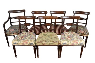 Lot 1094 - Set of seven Regency mahogany and ebony inlaid dining chairs, including one carver