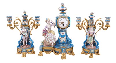 Lot 630 - Ornate late 19th century Sèvres-style porcelain and ormolu clock garniture