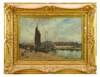 Lot 1335 - Archibald David Reid (1844-1908) oil on panel - Fishing vessels and figures in a harbour, 35cm x 52cm, in original gilt frame