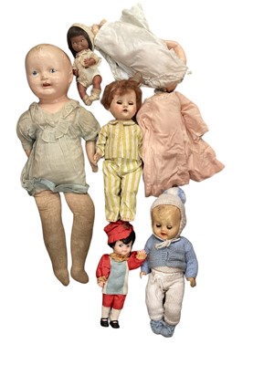 Lot 1850 - Dolls and teddies in large box.