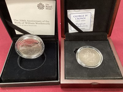 Lot 410 - World - Mixed silver coins to include G.B. Royal Mint proofs 50p 'A Celebration of Sherlock Holmes 2019, £5 250th Anniversary of the Birth of William Wordsworth 2020, George IV Silver Crown 1821 GF...