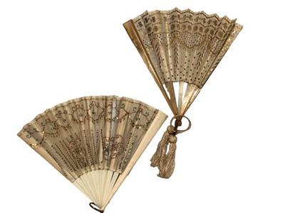 Lot 2127 - Brown crocdile suitcase containing Asprey woven gold tone evening bag ,some beaded evening bags, two fans decorated with spangles and sequins, large Victorian hair slide. Small selection of costume...