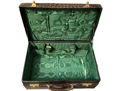 Lot 2127 - Brown crocdile suitcase containing Asprey woven gold tone evening bag ,some beaded evening bags, two fans decorated with spangles and sequins, large Victorian hair slide. Small selection of costume...