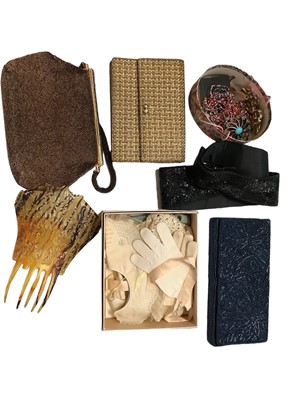 Lot 2127 - Brown crocdile suitcase containing Asprey woven gold tone evening bag ,some beaded evening bags, two fans decorated with spangles and sequins, large Victorian hair slide. Small selection of costume...