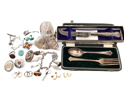 Lot 1016 - Silver teaspoon and fork set in fitted case, silver handled cheese knife, Scottish silver brooch, other brooches, jewellery and coins