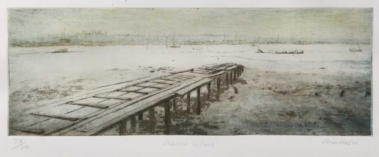 Lot 72 - Pat Mallinson - etching in colours - 'Mersea Island', signed and numbered 33/100, 14cm x 39cm, in glazed frame