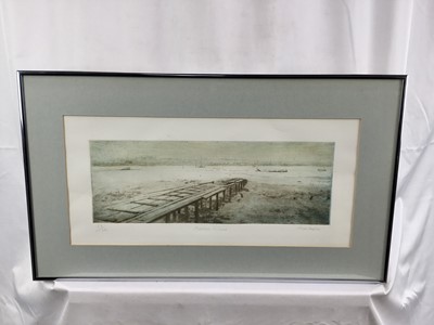 Lot 72 - Pat Mallinson - etching in colours - 'Mersea Island', signed and numbered 33/100, 14cm x 39cm, in glazed frame