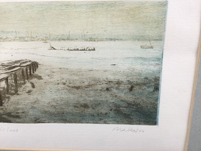 Lot 72 - Pat Mallinson - etching in colours - 'Mersea Island', signed and numbered 33/100, 14cm x 39cm, in glazed frame