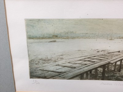 Lot 72 - Pat Mallinson - etching in colours - 'Mersea Island', signed and numbered 33/100, 14cm x 39cm, in glazed frame