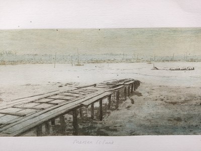 Lot 72 - Pat Mallinson - etching in colours - 'Mersea Island', signed and numbered 33/100, 14cm x 39cm, in glazed frame