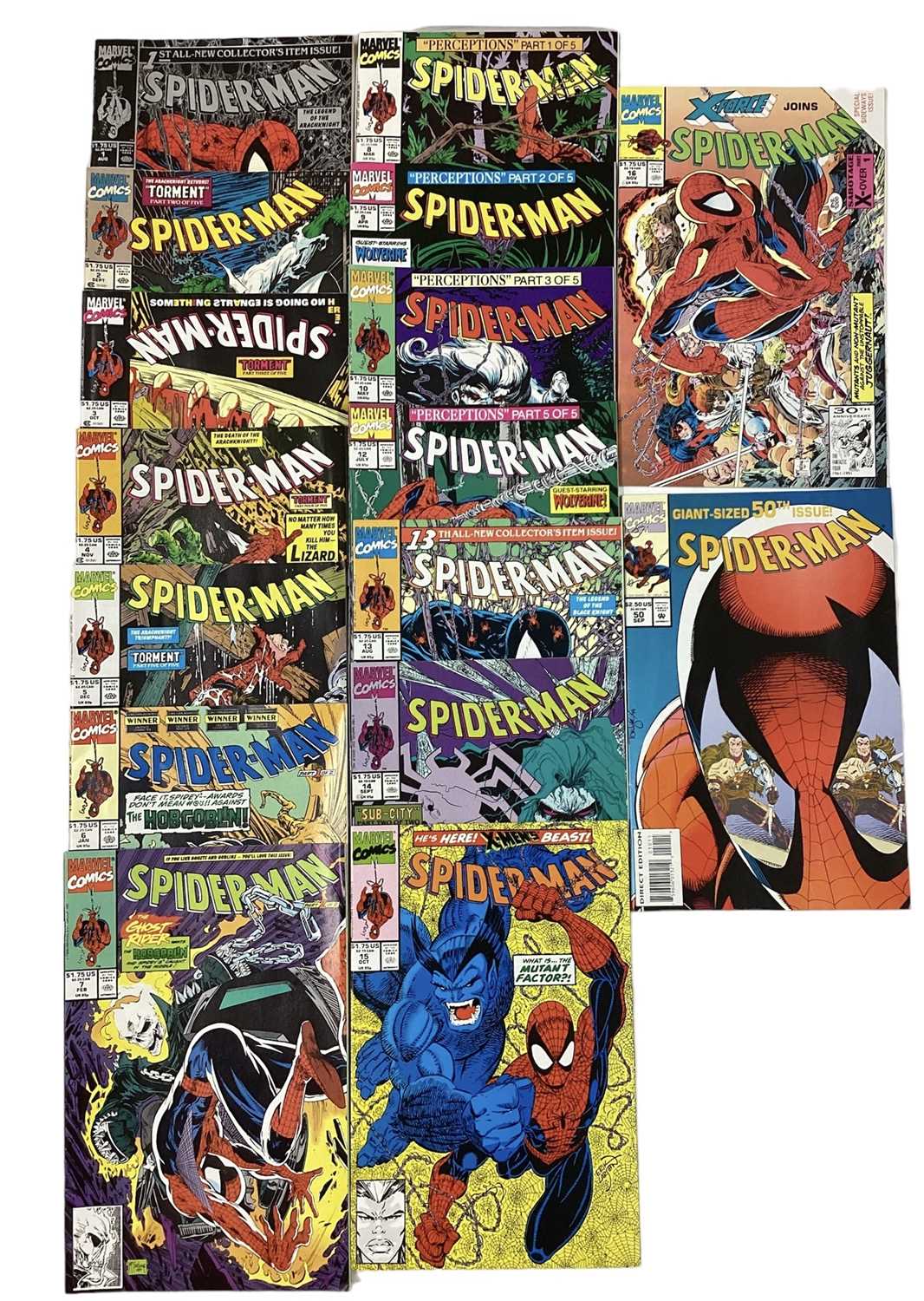 Lot 82 - Marvel Comics Spider-Man (1990 to 1994). To include issue 1, "tourment part 1". Also to include an incomplete run from issues 2 - 16, missing issue 11. Together with issue 50, "giant sized 50th iss...