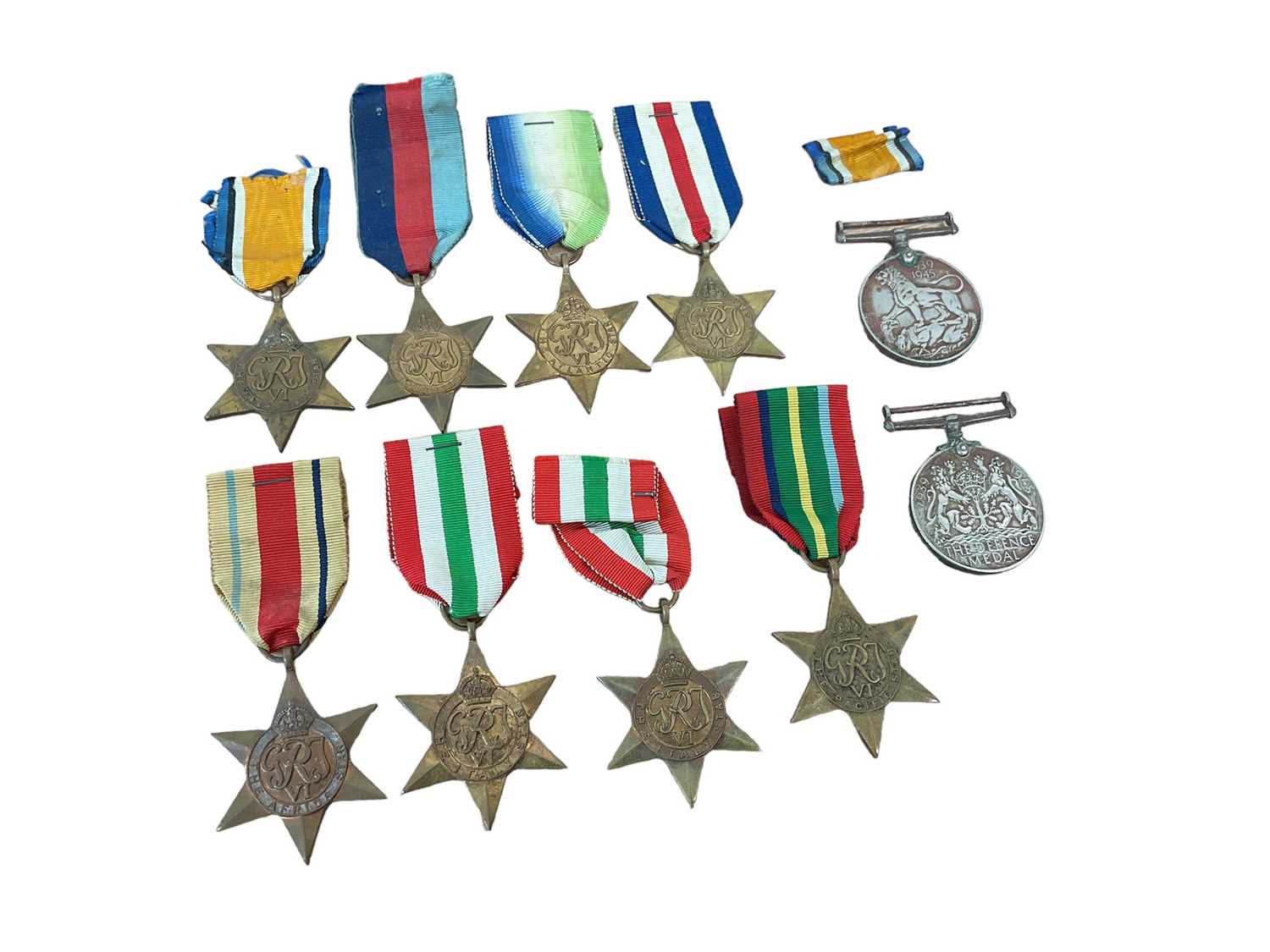 Lot 717 - Collection of Second World War campaign medals comprising 1939 - 1945 Star (x2), Italy Star (x2), France and Germany Star, Atlantic Star, Africa Star, Pacific Star, Defence and War medals (10 medal...