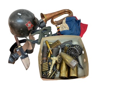 Lot 730 - Group of mixed Militaria to include brass bugle, various bullet cases and shell cases and other items (1 box).