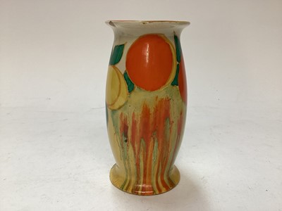 Lot 1160 - Clarice Cliff pot and cover, 10.5cm diameter together with a Clarice Cliff Bizarre range Delecia vase decorated with oranges and lemons, 15.5cm high and a Clarice Cliff Bizarre range Fantasque two...