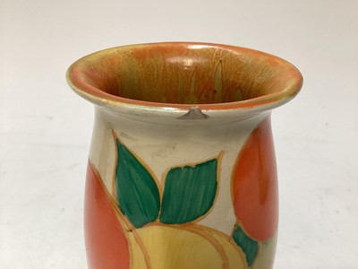 Lot 1160 - Clarice Cliff pot and cover, 10.5cm diameter together with a Clarice Cliff Bizarre range Delecia vase decorated with oranges and lemons, 15.5cm high and a Clarice Cliff Bizarre range Fantasque two...