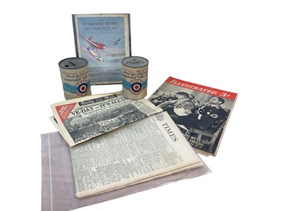 Lot 740 - Two Second World War RAFA charity collection tins, 1929 Schneider Trophy official programme and Second World War newspapers.