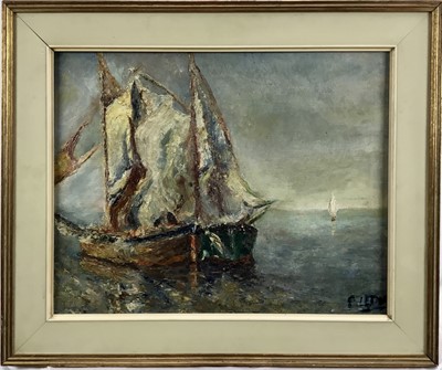 Lot 349 - Continental School, mid 20th century, oil on canvas - Fishing Boats at Anchor, indistinctly signed, 41cm x 50cm, framed