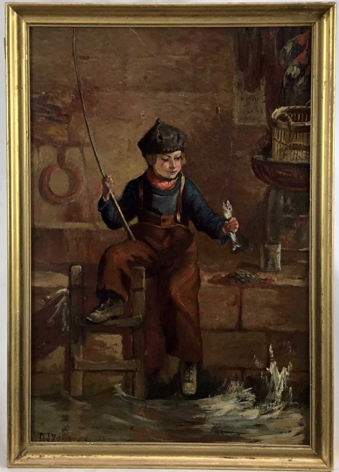 Lot 115 - David James Vallance (Act 1870 - 1890) oil on panel, A boy fishing from the sea wall, a caught fish in his hand, signed and dated 1873, in gilt frame. 46 x 32cm