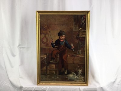 Lot 115 - David James Vallance (Act 1870 - 1890) oil on panel, A boy fishing from the sea wall, a caught fish in his hand, signed and dated 1873, in gilt frame. 46 x 32cm