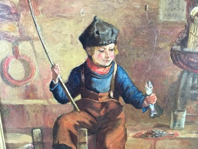 Lot 115 - David James Vallance (Act 1870 - 1890) oil on panel, A boy fishing from the sea wall, a caught fish in his hand, signed and dated 1873, in gilt frame. 46 x 32cm