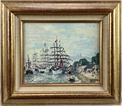 Lot 188 - Bernard Loriot (1925 - 1998), oil on canvas 
A busy scene in Rouen Harbour, signed, also 
inscribed verso, in gilt frame. 21 x 25cm