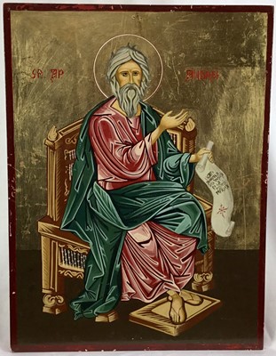 Lot 119 - A Greek icon of St. Andrew seated on a throne, oil on panel, 
inscribed. 40 x 30cm