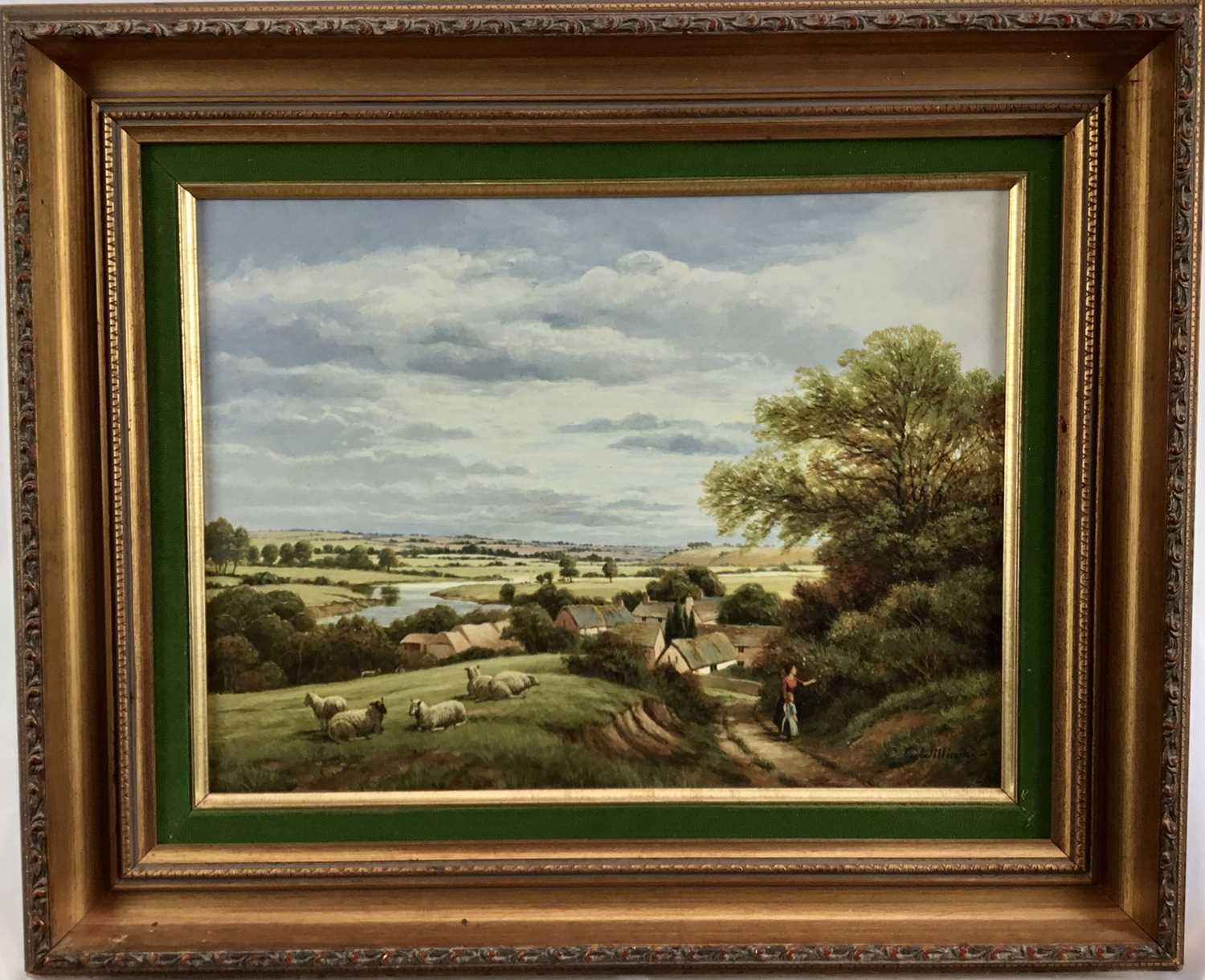 Lot 112 - George Williams, oil on board, A rural river landscape with figures on a path by resting  
sheep, signed, in gilt frame. 29 x 39cm