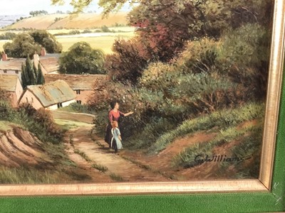 Lot 112 - George Williams, oil on board, A rural river landscape with figures on a path by resting  
sheep, signed, in gilt frame. 29 x 39cm