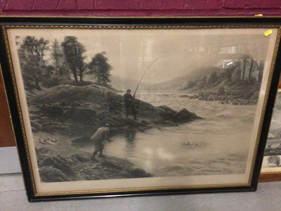 Lot 568 - Edwardian print of salmon fishing, dated 1902, in glazed frame