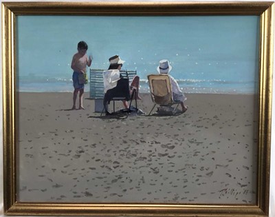 Lot 117 - Peter Z Phillips, oil on canvas,  
A quiet day on the beach, signed in gilt 
frame. 35 x 45cm