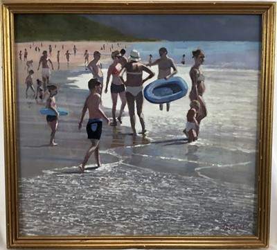 Lot 109 - Peter Z. Phillips, oil on board, Families playing and paddling at the seaside on a sunny day, signed, in gilt frame. 38 x 41cm