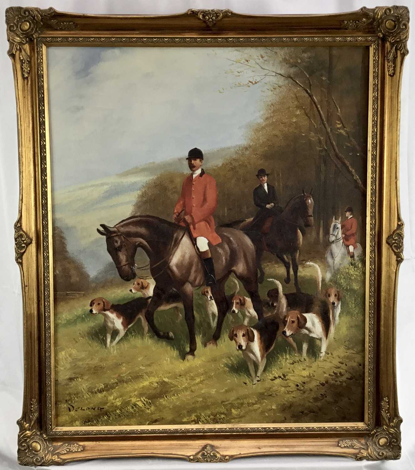 Lot 110 - David Delong, oil on canvas, A landscape with huntsmen and hounds, 
signed, in gilt frame. 60 x 50cm