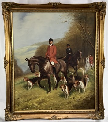 Lot 110 - David Delong, oil on canvas, A landscape with huntsmen and hounds, 
signed, in gilt frame. 60 x 50cm