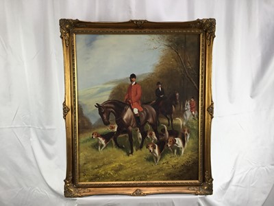 Lot 110 - David Delong, oil on canvas, A landscape with huntsmen and hounds, 
signed, in gilt frame. 60 x 50cm