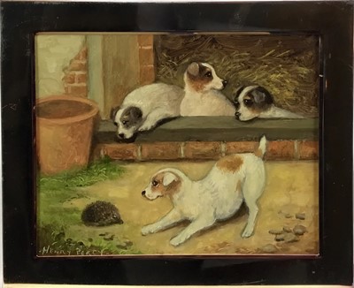 Lot 106 - Henry Percy, oil on board, Puppies and a hedgehog, signed, in gilt 
metal frame. 19 x 24cm